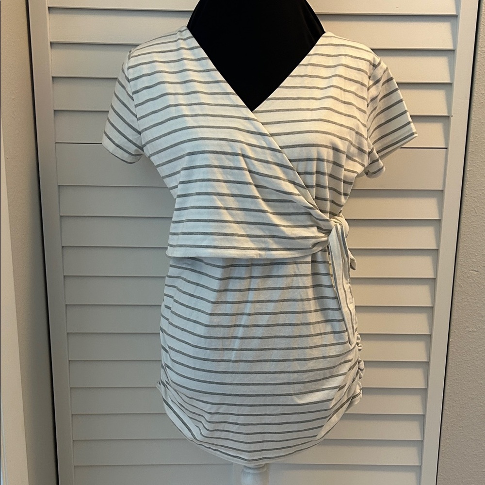Chic Striped Wrap Blouse - White and Gray
